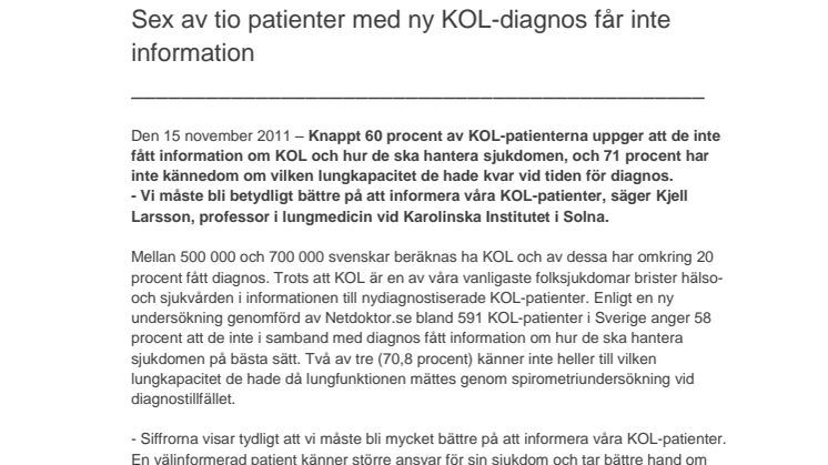 Sex av tio patienter med ny KOL-diagnos får inte information 
