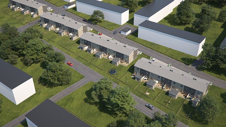 Översiktsillustration av de nya husen i BoKlok Pilkronan, Landskrona. 