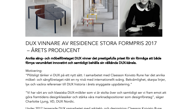 DUX VINNARE AV RESIDENCE STORA FORMPRIS 2017 – ÅRETS PRODUCENT