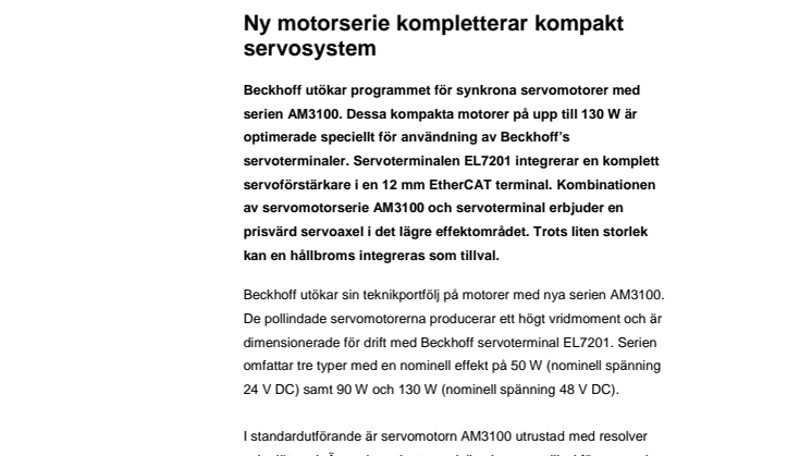 Ny motorserie kompletterar kompakt servosystem