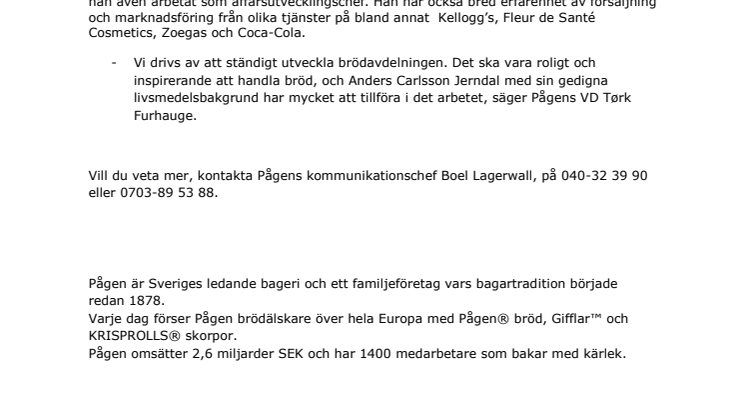 Ny försäljningsdirektör till Pågen 