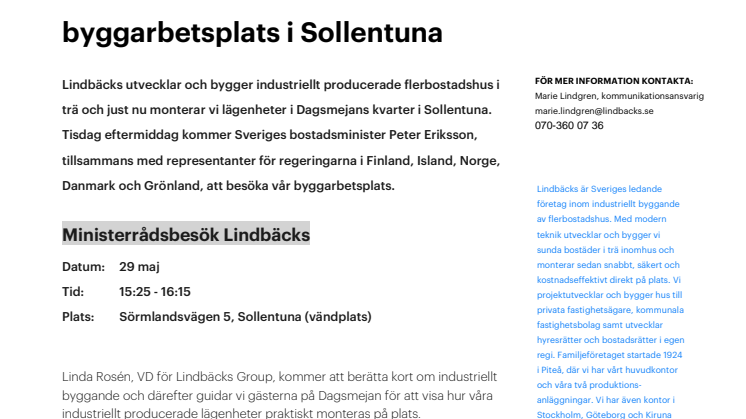 Nordiska ministrar besöker Lindbäcks byggarbetsplats i Sollentuna 