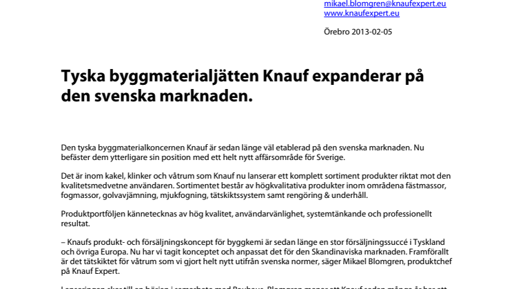 Tyska byggmaterialjätten Knauf expanderar på den svenska marknaden.