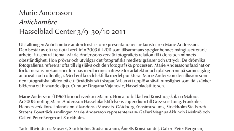 Hasselblad Center visar Marie Andersson Antichambre