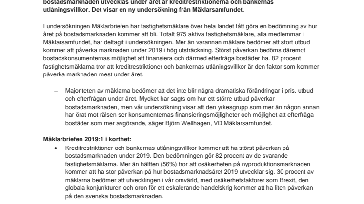 Kreditrestriktioner och utlåningsvillkor avgör bostadsmarknaden 2019 