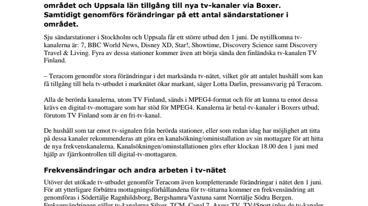 Nya kanaler samt förändringar i det marksända tv-nätet i Stor-Stockholm och Uppsala