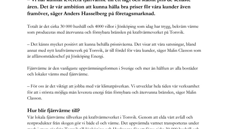 Vi höjer inte priset för fjärrvärme 2016