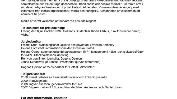 Pressinbjudan: Westander utser Hetast i Almedalen