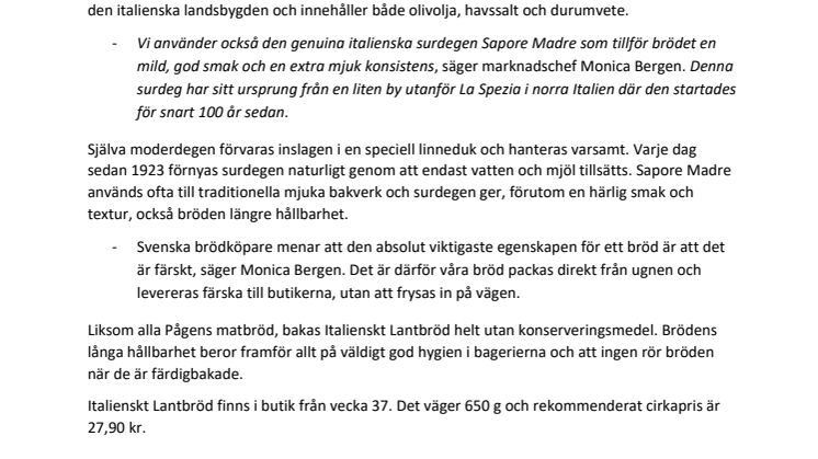 Pågen presenterar Italienskt Lantbröd 