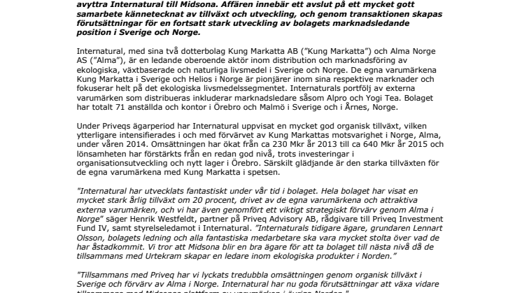 Priveq Investment avyttrar Internatural till Midsona 