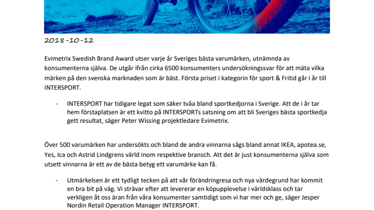 INTERSPORT är Sveriges bästa varumärke enligt konsumenterna.