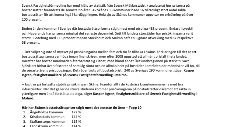Så mycket har priserna på bostadsrätter  ökat i Skåne på 1, 5 och 10 år