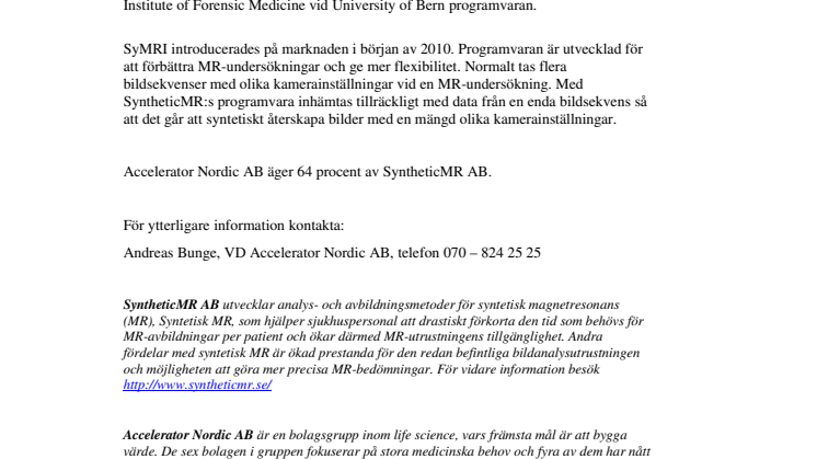 SyntheticMR säljer programvarulicens till Institutet för Rechtsmedizin i Zürich