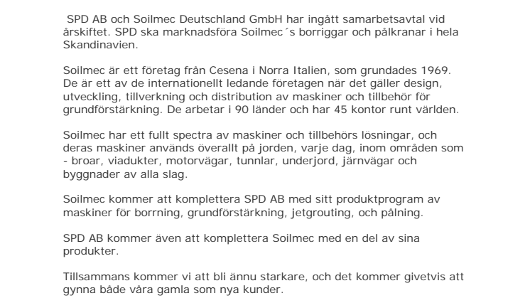 Samarbetsavtal har ingåtts mellan SPD AB och Soilmec Deutschland GmbH