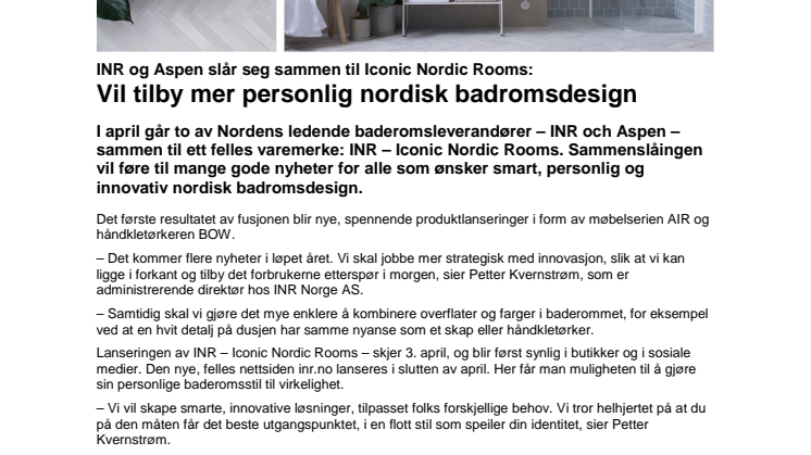 INR og Aspen slår seg sammen til Iconic Nordic Rooms: Vil tilby mer personlig nordisk badromsdesign 