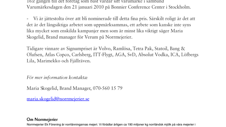 Norrmejerier nominerat till Signumpriset