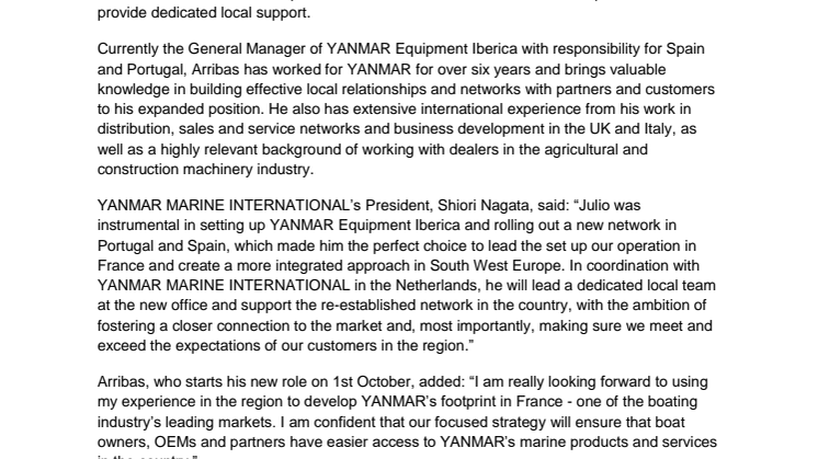 YANMAR Appoints South West European Regional Manager to Lead New Operation in France
