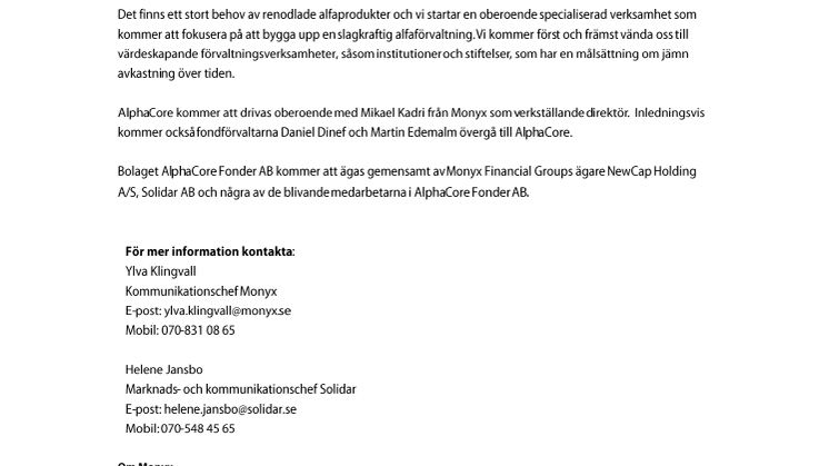 Monyx och Solidar etablerar gemensamägt fondbolag specialiserat på alfaförvaltning