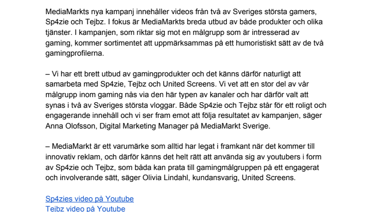 MediaMarkt inleder samarbete med youtubers inom gaming