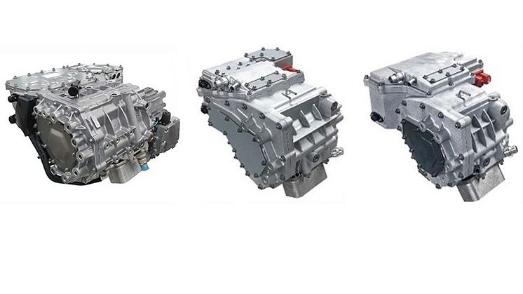 From left: Nidec’s 150 kW E-Axle announced in April 2018, the new 100 kW and 70 kW models.
