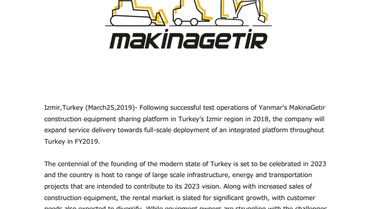Yanmar Announces Full-scale Deployment of Construction Equipment Sharing Platform in Turkey