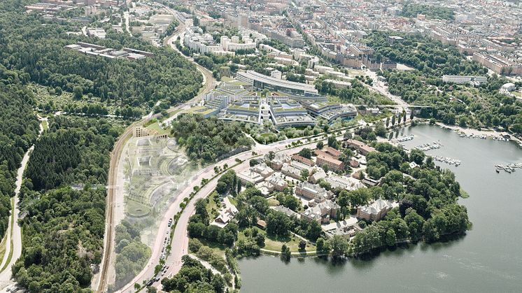 Campus Albano, flygperspektiv mot staden, Stockholm