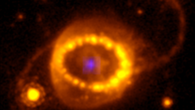 Kombination av en Hubble-bild av SN 1987A och den kompakta högt joniserade argonkällan. Den svaga blå källan i mitten detekterades med NIRSpec-instrumentet på JWST. Utanför detta finns resten av supernovan.