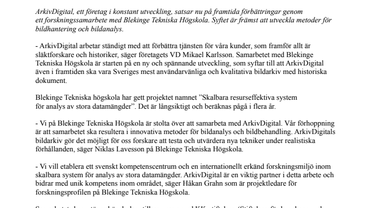 ArkivDigital i forskningssamarbete med Blekinge Tekniska Högskola