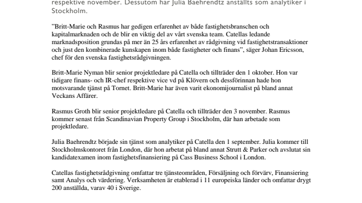 Catella rekryterar tre till den svenska fastighetsrådgivningen