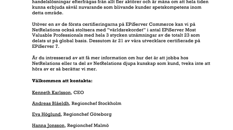 Unik EPiServer Commerce-certifiering för NetRelations utvecklare