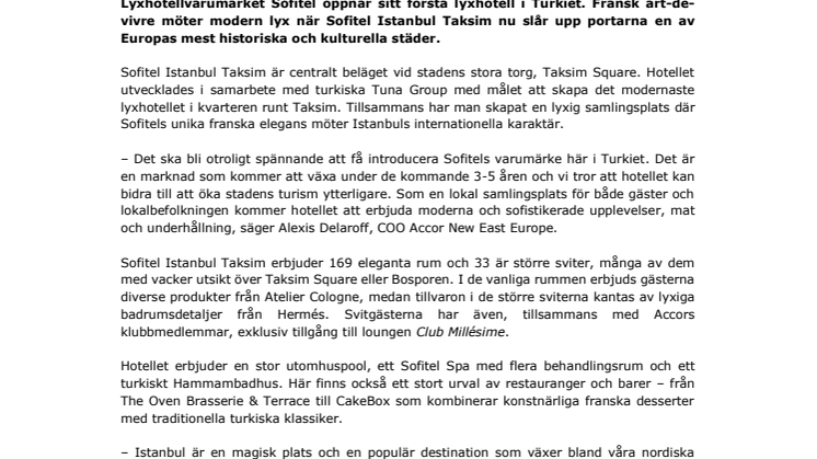 Sofitel öppnar sitt första lyxhotell  i Turkiet: Sofitel Istanbul Taksim