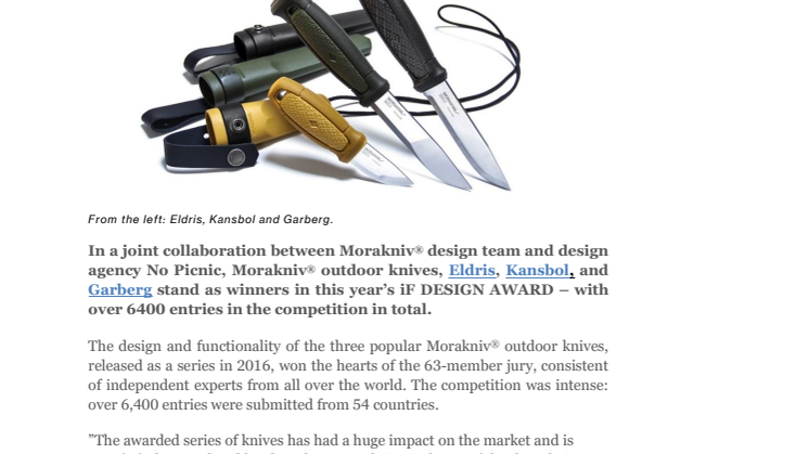 Morakniv® outdoor knives Eldris, Kansbol and Garberg win iF Design Award 2018.