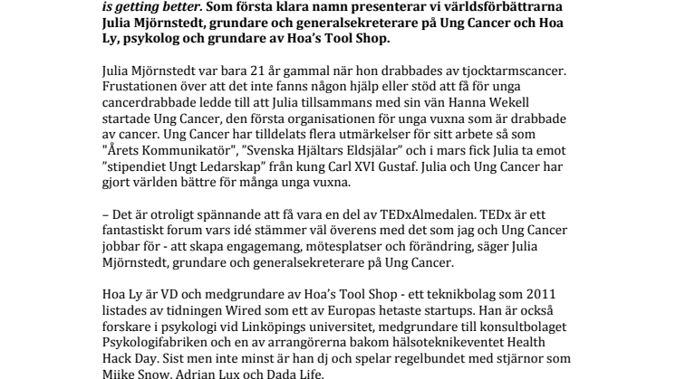 Julia Mjörnstedt och Hoa Ly klara som talare till TEDxAlmedalen