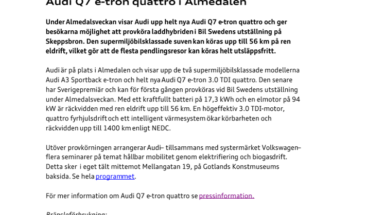 Sverigepremiär för supermiljöbilen Audi Q7 e-tron quattro i Almedalen