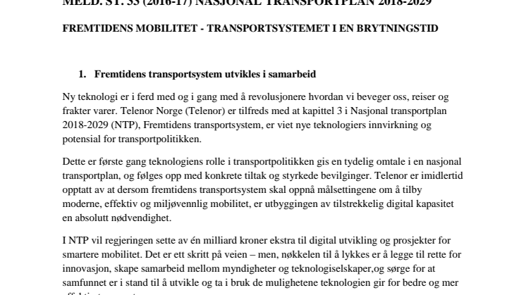 Telenors høringsinnspill til NTP