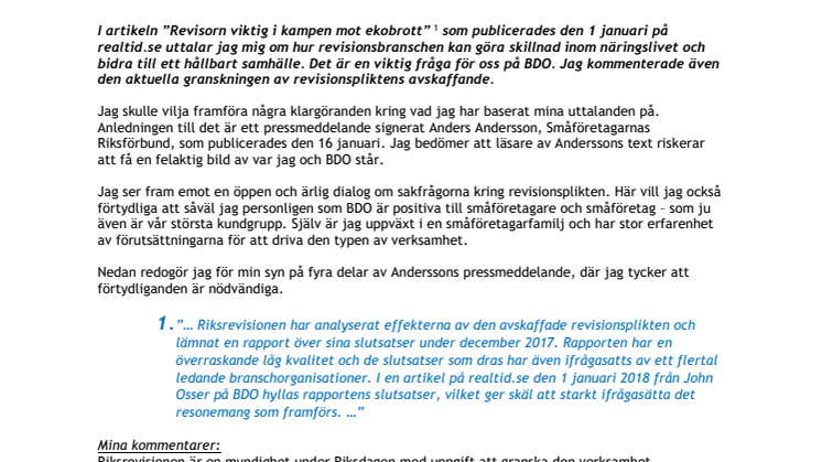 Revisionsplikten – replik på pressmeddelande från Anders Andersson, Småföretagarnas Riksförbund daterat 2018-01-16