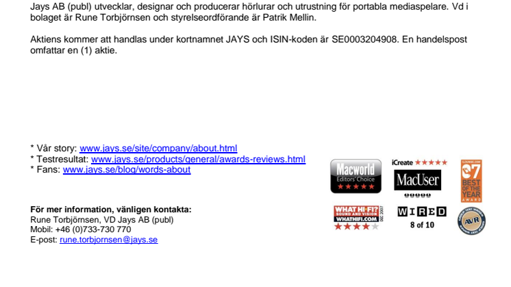 Jays ansluts till AktieTorget