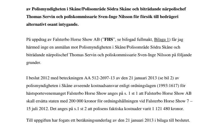 Falsterbo Horse Show lämnar in polisanmälan