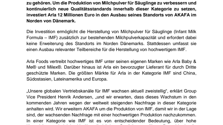 Arla investiert 12 Millionen Euro in die Produktion von hochwertigem Milchpulver für Säuglinge