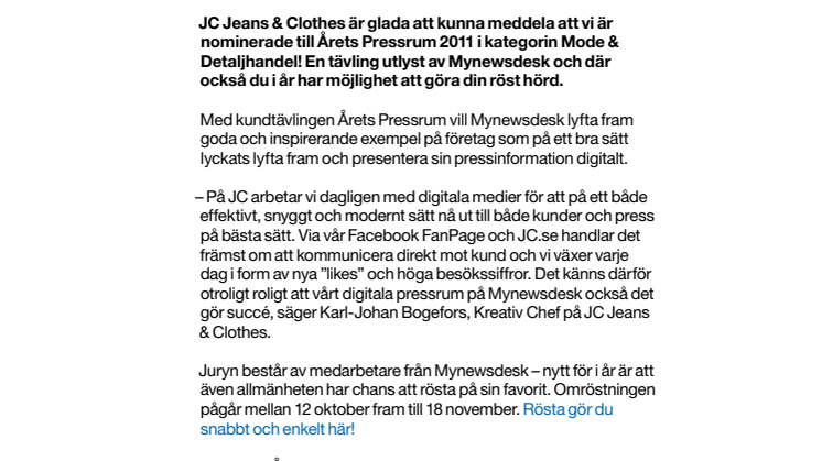 JC Jeans & Clothes nominerade till årets pressrum!