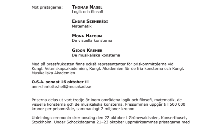 Påminnelse - Pressfrukost med Rolf Schock-pristagarna