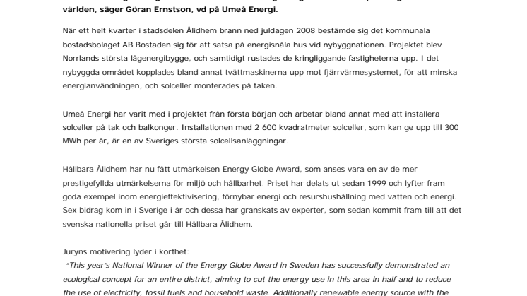 Projektet Hållbara Ålidhem i Umeå får prestigefyllda miljöpriset Energy Global Award