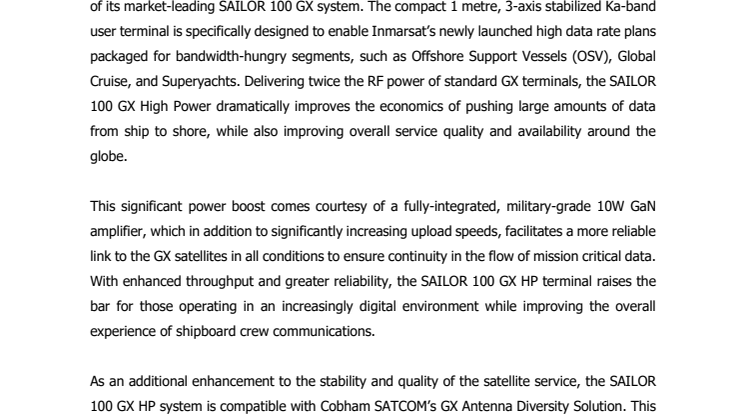 Cobham SATCOM - SMM 2018: New SAILOR GX terminal opens high value segments to Inmarsat’s Fleet Xpress 