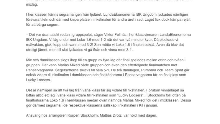 LundaEkonomer och Marias Mixed segrare i Korpen Stockholms kval i Sweden Floorball Cup