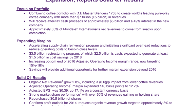 Mondelēz International Takes Strategic Actions to Further Focus Its Portfolio on Snacks and Accelerate Margin Expansion; Reports Solid Q1 Results