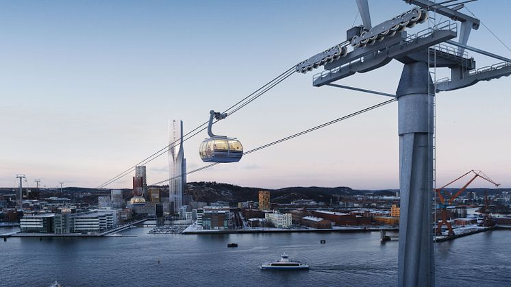  Denna visionsbild, framtagen för flera år sedan, visar linbanans ungefärliga sträckning över älven och Lindholmen. Bilden ingår INTE i designtävlingen.  Visionsbild: Tomorrow