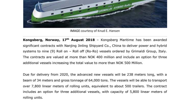 Kongsberg Maritime: KONGSBERG Wins Contracts for Nine Hybrid Ro-Ro Vessels