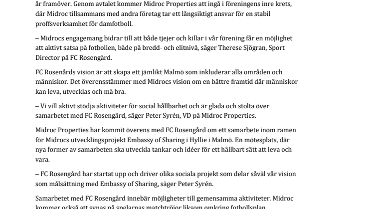 Midroc inleder samarbete med FC Rosengård
