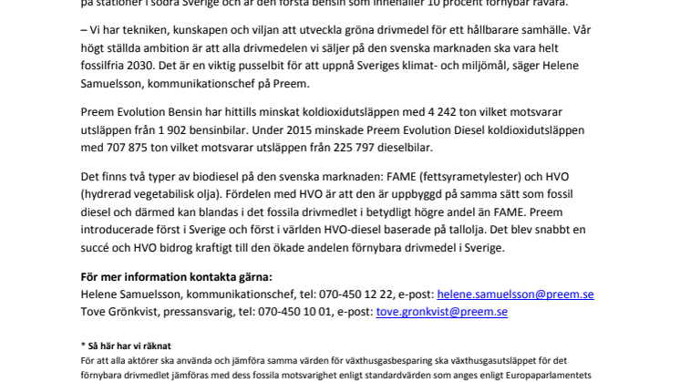 Preems drivmedel minskade CO2 med nästan 685 000 ton 2015
