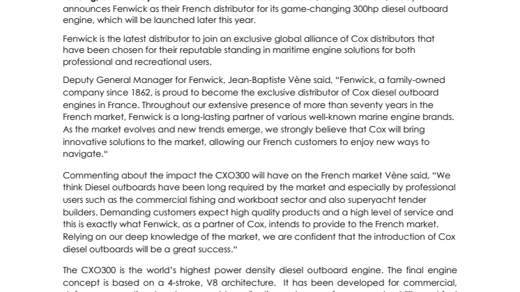Cox Powertrain: Fenwick Named as French Distributor for the World's Highest Power Diesel Outboard Engine